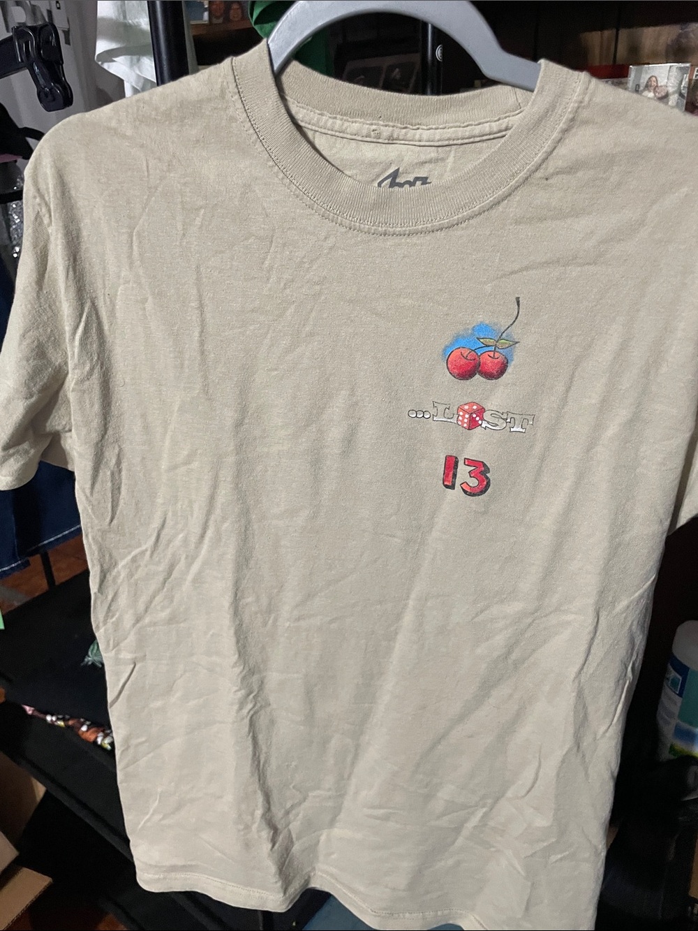 Lost Beige Short Sleeve Tee with Cherry Graphic and Red Accents